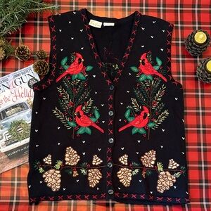 Festive Embroidered Vest Cardinal Bird and Pinecone Med Grandmacore Beaded